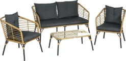Outsunny 4 Tlg. Gartenmöbel-Set, Rattan Sitzgarnitur Mit Kissen, Sitzgruppe Mit 3 Sesseln, 1 Couchtisch, Balkonmöbel Im Boho-Stil Für 4 Personen, Sand+Dunkelgrau