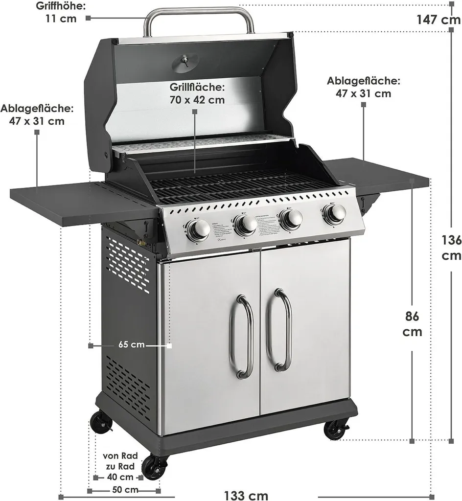 Juskys Gasgrill Kansas Mit 4 Brenner 12 KW, BBQ Grill Mit Gusseisen-Grillrost, Warmhalterost & Thermometer, XL Grillwagen 2 Seitenablagen & 4 Räder 18 Juskys Gasgrill Kansas Mit 4 Brenner 12 KW, BBQ Grill Mit Gusseisen-Grillrost, Warmhalterost & Thermometer, XL Grillwagen 2 Seitenablagen & 4 Räder – Bild 18