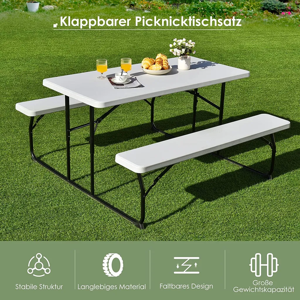 COSTWAY Klappbarer Picknicktisch Mit Bänken, 136 Cm Campingtisch-Set Für Draußen, Bierzeltgarnitur Biertischgarnitur Für Terrasse, Garten (Weiß) 2 COSTWAY Klappbarer Picknicktisch Mit Bänken, 136 Cm Campingtisch-Set Für Draußen, Bierzeltgarnitur Biertischgarnitur Für Terrasse, Garten (Weiß) – Bild 2