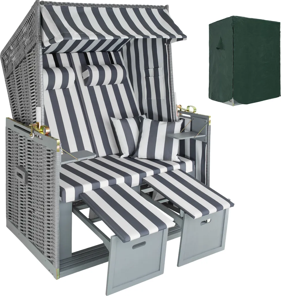 Tectake Strandkorb Mit Polster, Verstellbar, Inkl. Schutzhülle - Grau/weiß 3 Tectake Strandkorb Mit Polster, Verstellbar, Inkl. Schutzhülle - Grau/weiß – Bild 3