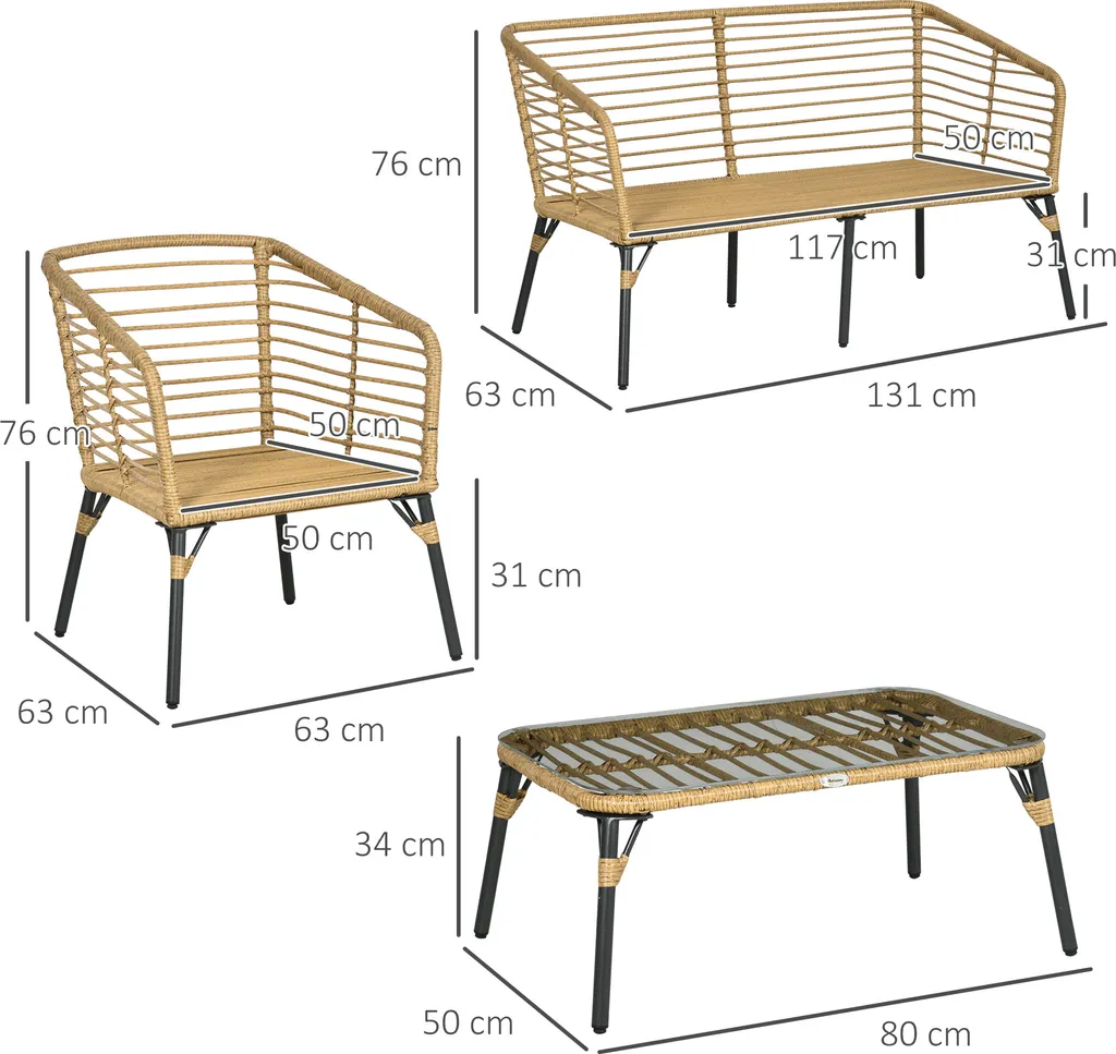 Outsunny 4 Tlg. Gartenmöbel-Set, Rattan Sitzgarnitur Mit Kissen, Sitzgruppe Mit 3 Sesseln, 1 Couchtisch, Balkonmöbel Im Boho-Stil Für 4 Personen, Sand+Dunkelgrau 3 Outsunny 4 Tlg. Gartenmöbel-Set, Rattan Sitzgarnitur Mit Kissen, Sitzgruppe Mit 3 Sesseln, 1 Couchtisch, Balkonmöbel Im Boho-Stil Für 4 Personen, Sand+Dunkelgrau – Bild 3