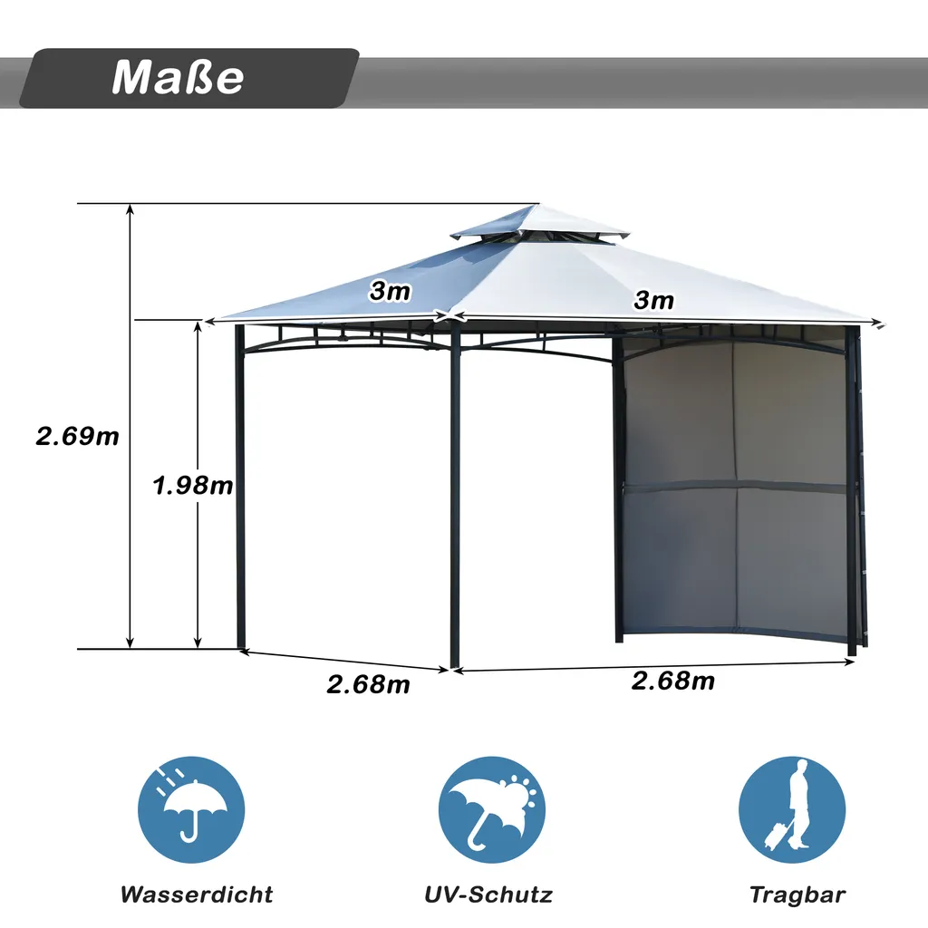 Merax Pavillon 3x3m Gartenpavillon Partyzelt Inkl. Seitenwand Und Metall Gestell, Wasserdicht Gartenzelt Mit UV-Schutz, Grau 5 Merax Pavillon 3x3m Gartenpavillon Partyzelt Inkl. Seitenwand Und Metall Gestell, Wasserdicht Gartenzelt Mit UV-Schutz, Grau – Bild 5