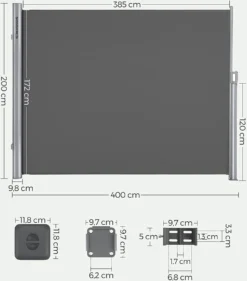 SONGMICS Alu Seitenmarkise 200 X 400 Cm 280 G/m² Ausziehbar Sichtschutz, Sonnenschutz Für Balkon & Terrasse Anthrazit GSA204G01 -Grünwelt Exporteren Garten-Winkel 0c833d2b23e18f2081254f74b7360823