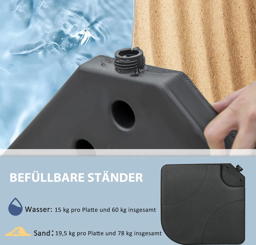 Outsunny Schirmgewicht 4er-Set, Ampelschirmständer Mit 60 Liter Wasser/ 78 Kg Sand Befüllbar, Marktschirmständer, Schirmständer Für Ampelschirm, Schwarz 5 Outsunny Schirmgewicht 4er-Set, Ampelschirmständer Mit 60 Liter Wasser/ 78 Kg Sand Befüllbar, Marktschirmständer, Schirmständer Für Ampelschirm, Schwarz – Bild 5