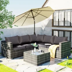 Merax Gartenlounge-Set Für 4-5 Personen, Gartenmöbel Set Polyrattan Sitzgruppe Balkonset Gartenlounge Mit Tisch Und Kissen Für Garten, Terasse Und Balkon, 181 X 181 X 66 Cm, Grau