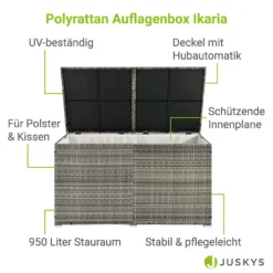Juskys Polyrattan Auflagenbox Ikaria 950 L – Deckel Mit Hubautomatik & Innenplane – Garten Kissenbox Für Balkon & Terrasse – Gartenbox Grau-meliert -Grünwelt Exporteren Garten-Winkel 12864686ea5f684b966bc70fb9b56fa4