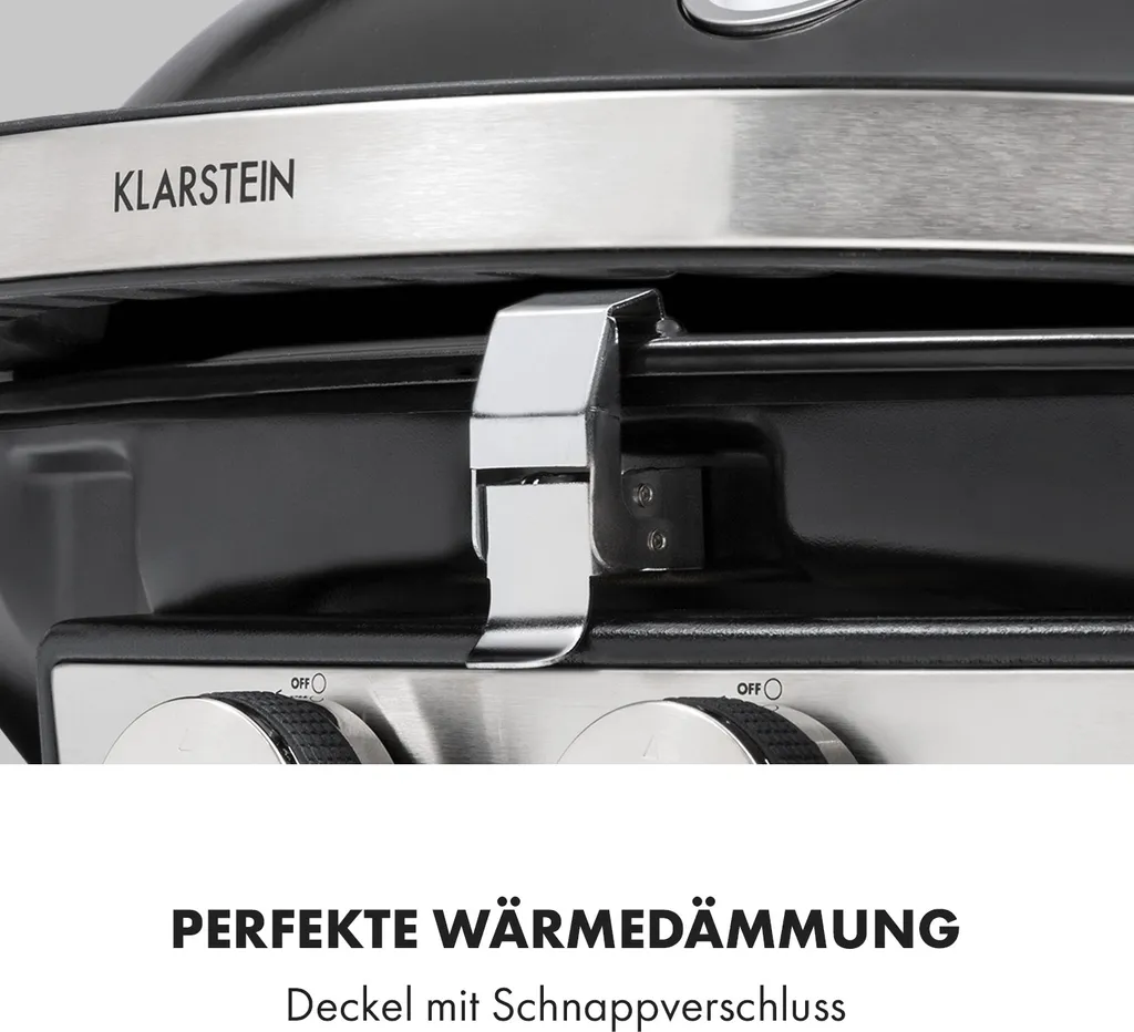 Klarstein Parforce Duo Gasgrill BBQ-Gasgrill Mit 4,4kW - 2 Brenner, Bis 300 °C, Gastyp: Butan/Propan, Edelstahl, 15000 BTU, Elektrische Zündung, 50 X 39 Cm Große Grillfläche, Deckel, Schwarz 9 Klarstein Parforce Duo Gasgrill BBQ-Gasgrill Mit 4,4kW - 2 Brenner, Bis 300 °C, Gastyp: Butan/Propan, Edelstahl, 15000 BTU, Elektrische Zündung, 50 X 39 Cm Große Grillfläche, Deckel, Schwarz – Bild 9