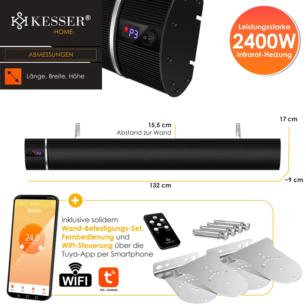 KESSER® Dunkelheizstrahler Heizstrahler Mit Fernbedienung & WiFi APP Terrassenheizer Infrarot-Heizstrahler Wand-Heizstrahler Schwarzstrahler Quarzstrahler Terrassenstrahler Balkonheizer Timer, Farbe:Schwarz, Größe:2400W 8 KESSER® Dunkelheizstrahler Heizstrahler Mit Fernbedienung & WiFi APP Terrassenheizer Infrarot-Heizstrahler Wand-Heizstrahler Schwarzstrahler Quarzstrahler Terrassenstrahler Balkonheizer Timer, Farbe:Schwarz, Größe:2400W – Bild 8