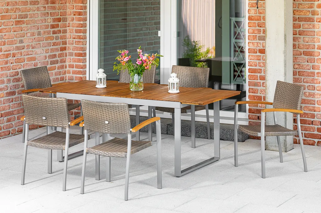 Merxx Gartenmöbelset "Silano" 7tlg. Mit Ausziehtisch 150/200 X 90 Cm - Aluminiumgestell Silber Mit Kunststoffgeflecht Graubeige Und Akazienholz 2 Merxx Gartenmöbelset "Silano" 7tlg. Mit Ausziehtisch 150/200 X 90 Cm - Aluminiumgestell Silber Mit Kunststoffgeflecht Graubeige Und Akazienholz – Bild 2