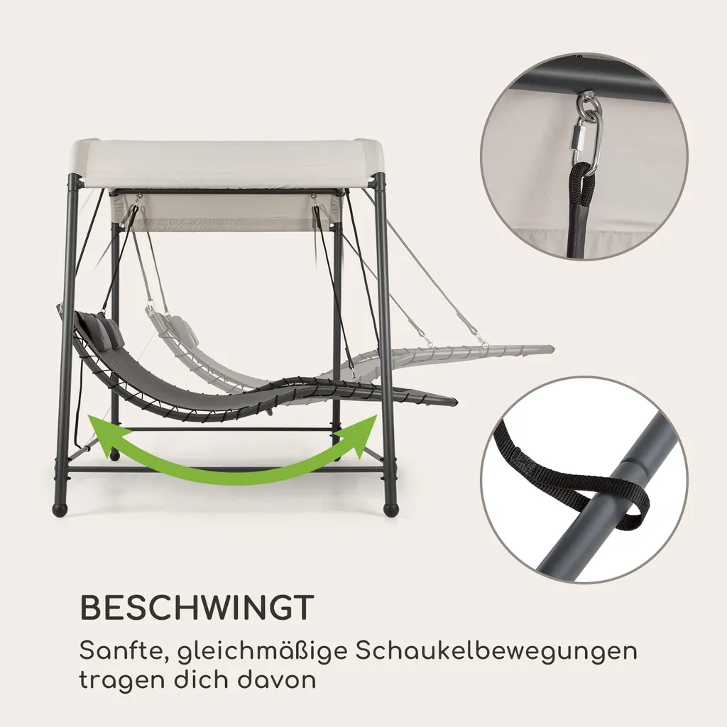 Blumfeldt Palermo - Doppel-Schaukel-Liege, Gartenliege, Stahlrahmen, Sonnendach: 200 X 144 Cm (BxT), Liegefläche: 130 X 207 Cm (BxT), Einfacher Aufbau, 2 Höhenverstellbare Kopfkissen, Grau 3 Blumfeldt Palermo - Doppel-Schaukel-Liege, Gartenliege, Stahlrahmen, Sonnendach: 200 X 144 Cm (BxT), Liegefläche: 130 X 207 Cm (BxT), Einfacher Aufbau, 2 Höhenverstellbare Kopfkissen, Grau – Bild 3