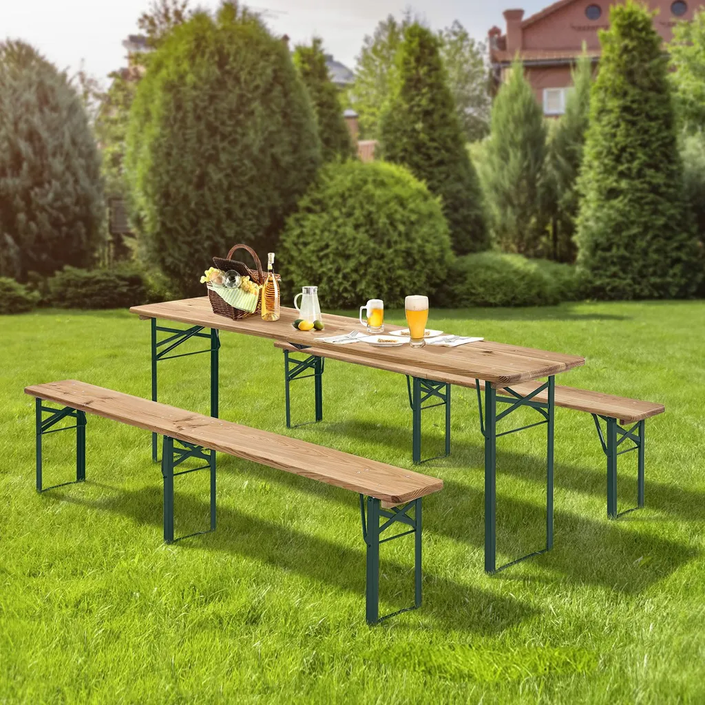 Juskys Bierzeltgarnitur 3-teilig Biertischgarnitur Mittig Klappbar 220 Cm - Gartenmöbel Set Aus Tannenholz Biertisch Bierbänke Festzeltgarnitur Natur 2 Juskys Bierzeltgarnitur 3-teilig Biertischgarnitur Mittig Klappbar 220 Cm - Gartenmöbel Set Aus Tannenholz Biertisch Bierbänke Festzeltgarnitur Natur – Bild 2