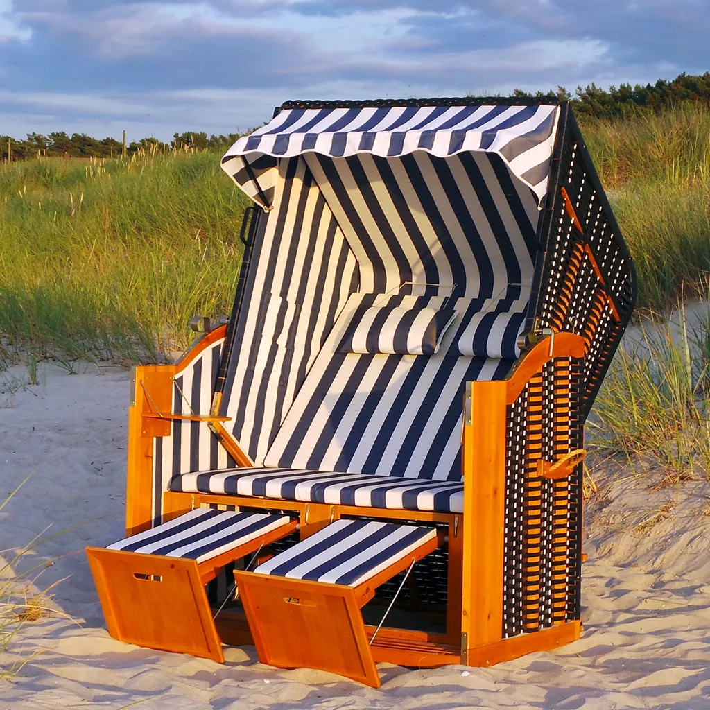 Strandkorb XXL Inkl. Abdeckcover Luxus Volllieger Gartenliege Ostsee + 4 Kissen, Klapptische, Zeitungsfächer 1 Strandkorb XXL Inkl. Abdeckcover Luxus Volllieger Gartenliege Ostsee + 4 Kissen, Klapptische, Zeitungsfächer