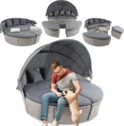 Di Volio Polyrattan Sonneninsel MILANO - Garteninsel Mit Faltbarem Sonnendach & Hocker-Tisch Im Exklusiven Rattan-Design Inkl. Zwei Fleecedecken