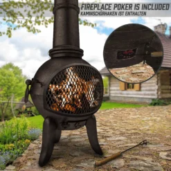 Jago® Terrassenofen Mit Funkenfluggitter - Aus Gußeisen Im Klassischen Design, 108cm Hoch, Inklusive Schürhaken, Funkenschutz - Vintage Gartenofen, Rustikaler Look, Gartenkamin, Feuerstelle, Feuerkorb -Grünwelt Exporteren Garten-Winkel 1f5166da75275eaee2fbc912ae3e7e6f