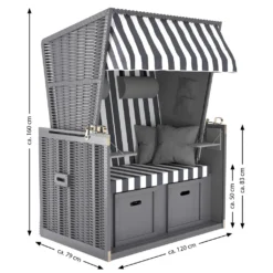 Sanzaro Strandkorb XL120 Cm Deluxe Zweisitzer Holz Und Poly-Rattan Volllieger 4 X Kissen Klappbare Rückenlehne 2 Personen Grau-Weiss Blockstreifen -Grünwelt Exporteren Garten-Winkel 2120b21c3cd25299eaae650094aef7c2