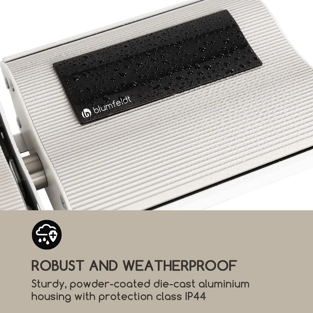 Blumfeldt Cosmic Beam Plus Terrassenheizstrahler Infrarot-Heizstrahler Elektroheizung , Dunkelstrahler , IR Comfort Heat , 2400 W , Thermostat: 5 - 45 °C , IP44 , Timer , Decken- Oder Wandinstallation , Fernbedienung , Aluminiumgehäuse , Weiß 4 Blumfeldt Cosmic Beam Plus Terrassenheizstrahler Infrarot-Heizstrahler Elektroheizung , Dunkelstrahler , IR Comfort Heat , 2400 W , Thermostat: 5 - 45 °C , IP44 , Timer , Decken- Oder Wandinstallation , Fernbedienung , Aluminiumgehäuse , Weiß – Bild 4