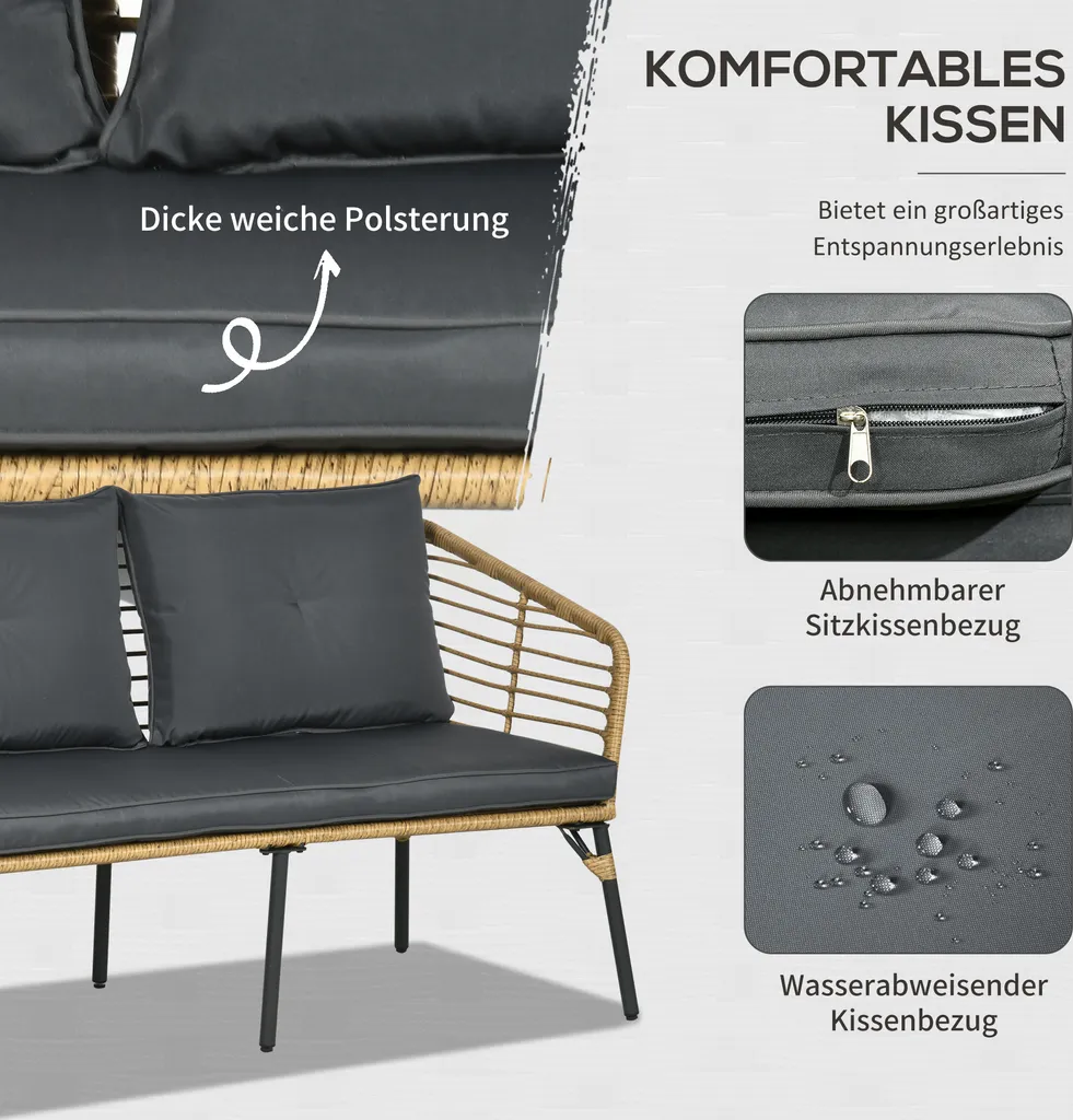 Outsunny 4 Tlg. Gartenmöbel-Set, Rattan Sitzgarnitur Mit Kissen, Sitzgruppe Mit 3 Sesseln, 1 Couchtisch, Balkonmöbel Im Boho-Stil Für 4 Personen, Sand+Dunkelgrau 4 Outsunny 4 Tlg. Gartenmöbel-Set, Rattan Sitzgarnitur Mit Kissen, Sitzgruppe Mit 3 Sesseln, 1 Couchtisch, Balkonmöbel Im Boho-Stil Für 4 Personen, Sand+Dunkelgrau – Bild 4