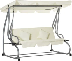 Outsunny Schaukelstuhl 3-Sitzer Hollywoodschaukel Gartenschaukel Mit Sitz- Und Rückenlehnen Tablett Sitzbank Schwingbank Dachwinkel Verstellbar Stahlrohr Oxford-Stoff Beige 200 X 120 X 164 Cm