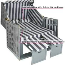 Tectake Strandkorb Mit Polster, Verstellbar, Inkl. Schutzhülle - Grau/weiß