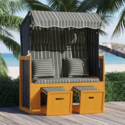 VidaXL Strandkorb Mit Kissen Poly Rattan Und Massivholz Schwarz & Grau