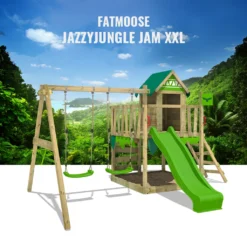 FATMOOSE Spielturm Klettergerüst JazzyJungle Mit Schaukel & Rutsche, Spielhaus Mit Sandkasten, Leiter & Spiel-Zubehör - Grün -Grünwelt Exporteren Garten-Winkel 3177a7f11e2e3f248fafcfa8b6755171