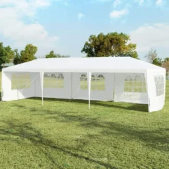 COSTWAY 3x9m Gartenpavillon Partyzelt Mit 5 Abnehmbaren Seitenwände Bierzelt UV Schutz Gartenzelt Faltpavillon Weiß