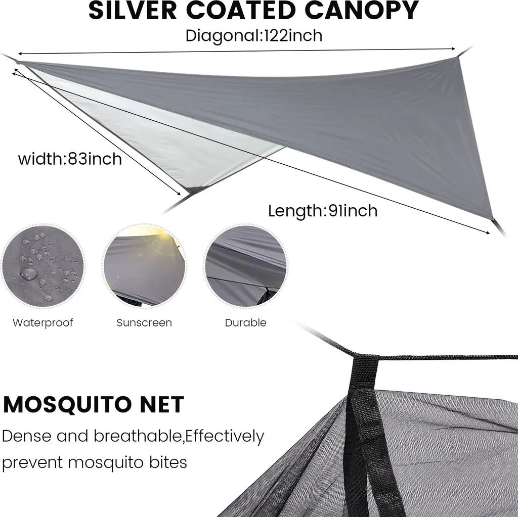 Topchances Camping Hängematte Mit Moskitonetz Und Tarp, Reise Zeltplane Für Outdoor,Wandern,Trekking (Grau+Dunkelgrün) 9 Topchances Camping Hängematte Mit Moskitonetz Und Tarp, Reise Zeltplane Für Outdoor,Wandern,Trekking (Grau+Dunkelgrün) – Bild 9