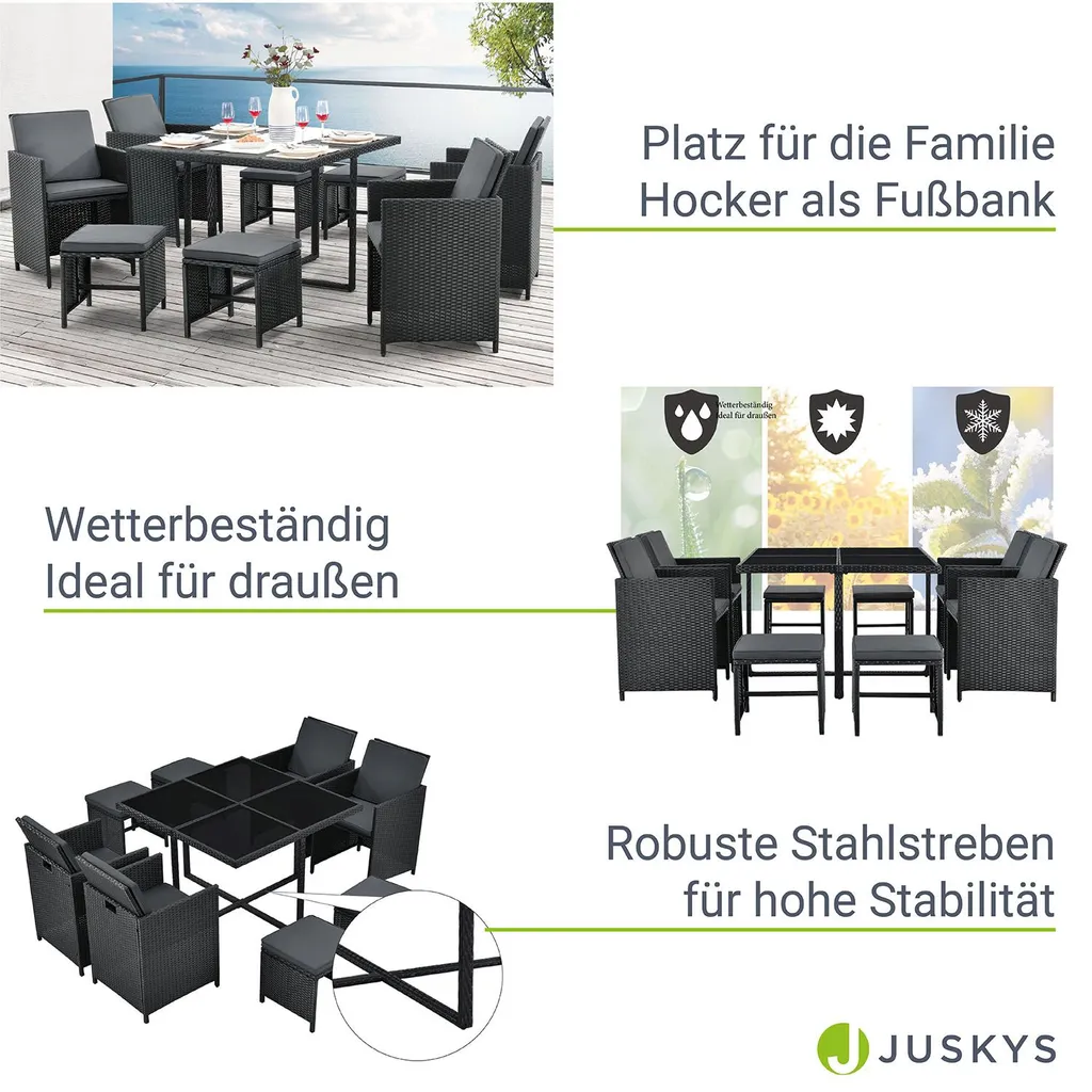Juskys Polyrattan Sitzgruppe Baracoa L 9-teilig Wetterfest & Stapelbar – Gartenmöbel Set Mit 4 Stühle, 4 Hocker & Tisch Für Garten & Terrasse 4 Juskys Polyrattan Sitzgruppe Baracoa L 9-teilig Wetterfest & Stapelbar – Gartenmöbel Set Mit 4 Stühle, 4 Hocker & Tisch Für Garten & Terrasse – Bild 4