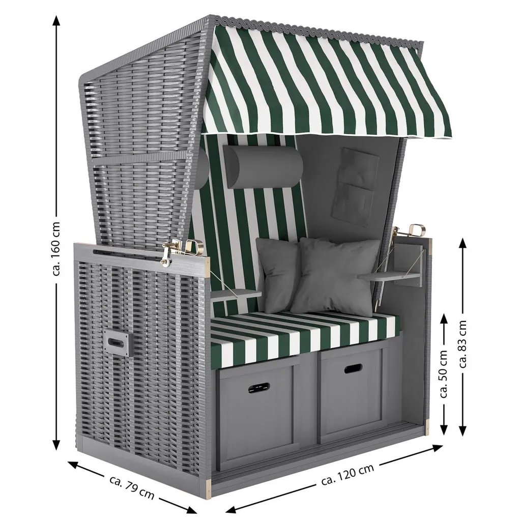 Sanzaro Strandkorb XL120 Cm Deluxe Zweisitzer Holz Und Poly-Rattan Volllieger 4 X Kissen Klappbare Rückenlehne 2 Personen Grün-Weiss Blockstreifen 12 Sanzaro Strandkorb XL120 Cm Deluxe Zweisitzer Holz Und Poly-Rattan Volllieger 4 X Kissen Klappbare Rückenlehne 2 Personen Grün-Weiss Blockstreifen – Bild 12