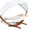 Clanmacy Haengematte Mit Gestell Und Sonnendach, Hammock Aus Wetterfestem Laerchenholz, Bis 200kg, Stabhaengematte Fuer 2 Personen Outdoor Und Indoor