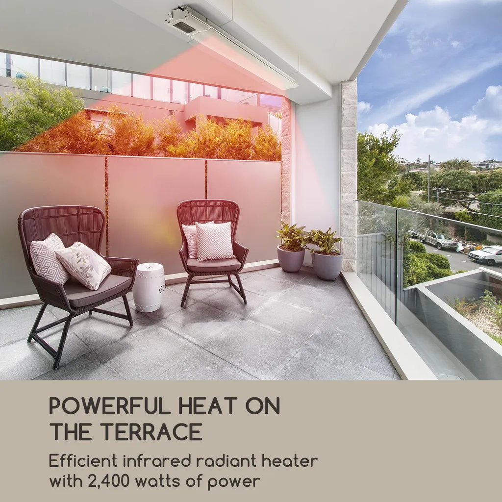 Blumfeldt Cosmic Beam Plus Terrassenheizstrahler Infrarot-Heizstrahler Elektroheizung , Dunkelstrahler , IR Comfort Heat , 2400 W , Thermostat: 5 - 45 °C , IP44 , Timer , Decken- Oder Wandinstallation , Fernbedienung , Aluminiumgehäuse , Weiß 2 Blumfeldt Cosmic Beam Plus Terrassenheizstrahler Infrarot-Heizstrahler Elektroheizung , Dunkelstrahler , IR Comfort Heat , 2400 W , Thermostat: 5 - 45 °C , IP44 , Timer , Decken- Oder Wandinstallation , Fernbedienung , Aluminiumgehäuse , Weiß – Bild 2