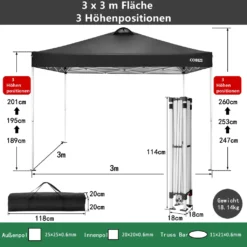 COBIZI Pavillon 3x3m Pop Up Faltpavillon Mit 4 Seitenwänden, Oben Mit Belüftungsloch, Wasserdicht, UV-Schutz 50+ Gartenzelt Partyzelt, Inkl .Tasche, 4 Sandsack, Schwarz -Grünwelt Exporteren Garten-Winkel 39bc5a87c0b98d5f772f13c6d27474bc