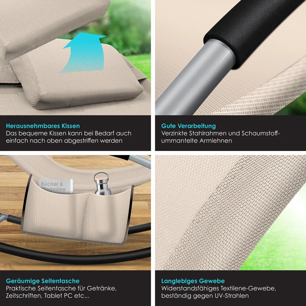 KESSER® Sonnenliege Relaxliege Schwungliege | Gartenliege | Gartenstuhl | Klappstuhl Faltbar | Liegestuhl | Schaukelsessel | Ergonomische Relaxsessel | Wetterfest | 150 Kg Belastung |, Farbe:Beige 4 KESSER® Sonnenliege Relaxliege Schwungliege | Gartenliege | Gartenstuhl | Klappstuhl Faltbar | Liegestuhl | Schaukelsessel | Ergonomische Relaxsessel | Wetterfest | 150 Kg Belastung |, Farbe:Beige – Bild 4
