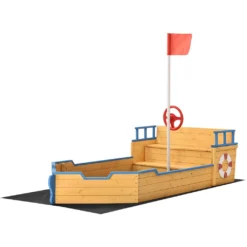 Juskys Sandkasten Käpt’n Pit - Piratenschiff Boot Aus Holz – Große Kinder Sandkiste Für Den Garten Mit Bodenplane Und Sitzbank, Outdoor Sandbox