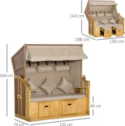 Outsunny Strandkorb 3-Sitzer Sonnenliege Mit Dach 2 Klapptischen Fußstütze Chaiselongue 5-stufige Rückenlehne XXL Polyrattan Natur 150 X 79 X 160 Cm -Grünwelt Exporteren Garten-Winkel 3bf02d78a4944c2b6c082660b0baf1a9