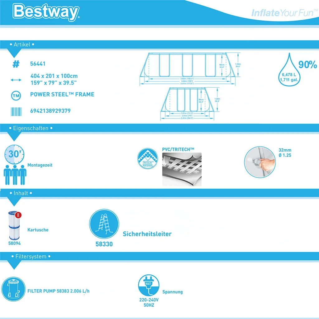 Bestway Power Steel™ Frame Pool-Set, Eckig, Mit Filterpumpe & Sicherheitsleiter 404 X 201 X 100 Cm 13 Bestway Power Steel™ Frame Pool-Set, Eckig, Mit Filterpumpe & Sicherheitsleiter 404 X 201 X 100 Cm – Bild 13