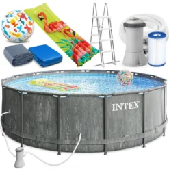 Intex Greywood Prism Frame 457x122 Cm Schwimmbecken 26742 Komplett-Set Mit Pumpe, Unterlegeplane, Abdeckplane Und Leiter Sowie Extra-Zubehör Wie: Luftmatratze Und Strandball