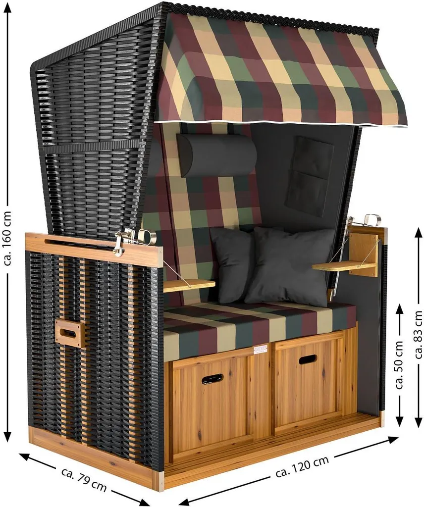 Sanzaro Strandkorb XL120 Cm Deluxe Zweisitzer Holz Und Poly-Rattan Volllieger 4 X Kissen Klappbare Rückenlehne 2 Personen Rot-Beige-Grün Karo 11 Sanzaro Strandkorb XL120 Cm Deluxe Zweisitzer Holz Und Poly-Rattan Volllieger 4 X Kissen Klappbare Rückenlehne 2 Personen Rot-Beige-Grün Karo – Bild 11