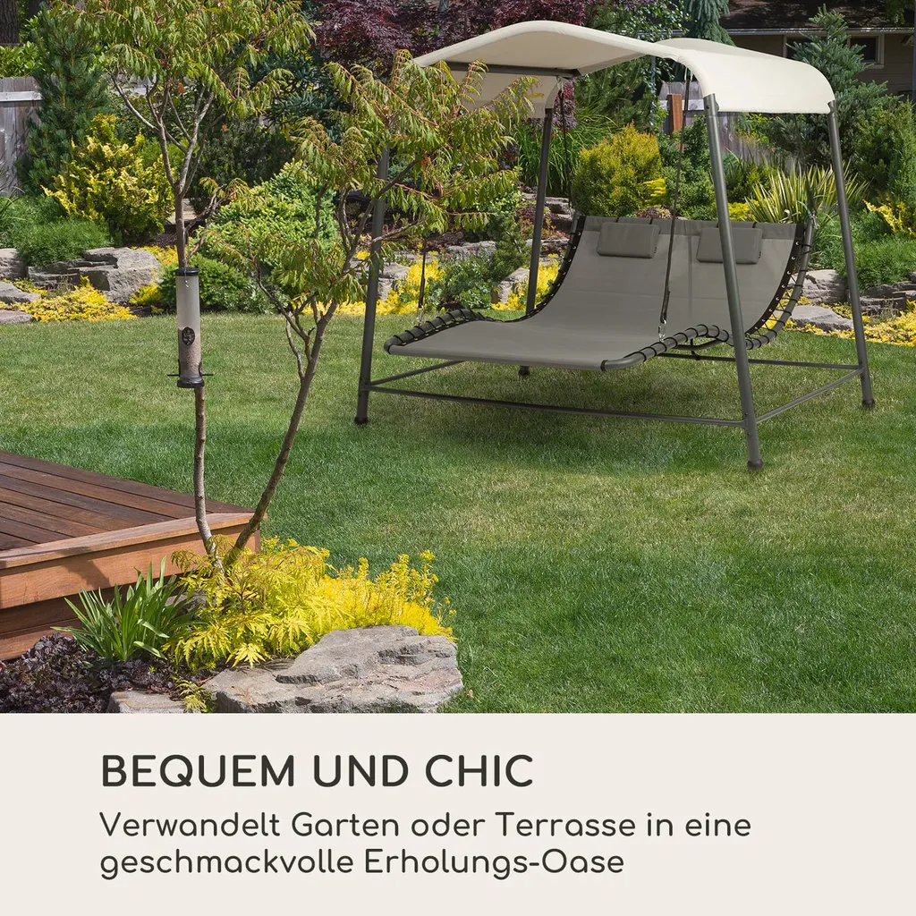 Blumfeldt Palermo - Doppel-Schaukel-Liege, Gartenliege, Stahlrahmen, Sonnendach: 200 X 144 Cm (BxT), Liegefläche: 130 X 207 Cm (BxT), Einfacher Aufbau, 2 Höhenverstellbare Kopfkissen, Grau 6 Blumfeldt Palermo - Doppel-Schaukel-Liege, Gartenliege, Stahlrahmen, Sonnendach: 200 X 144 Cm (BxT), Liegefläche: 130 X 207 Cm (BxT), Einfacher Aufbau, 2 Höhenverstellbare Kopfkissen, Grau – Bild 6