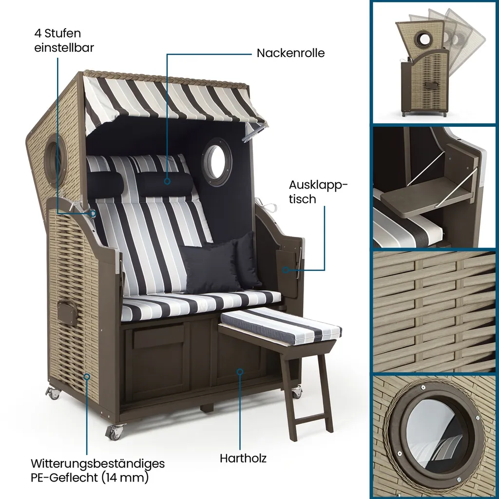 Hoberg 2-Sitzer-Strandkorb Mit Bullaugen - 120 X 80 X 160 Cm Strandkorb 2 Sitzer Holz Gartenliege Robust Hochwertig Ostsee Bullauge Vollieger 4 Hoberg 2-Sitzer-Strandkorb Mit Bullaugen - 120 X 80 X 160 Cm Strandkorb 2 Sitzer Holz Gartenliege Robust Hochwertig Ostsee Bullauge Vollieger – Bild 4