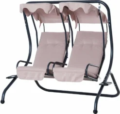 Outsunny 2 Sitzer Hollywoodschaukel Gartenschaukel Mit Sonnendach Gartenstuhl Sitz Mit Sprühbaumwolle Oxfordstoff PE-Beschichtung Stahl Oxford-Stoff Beige 170 X 136 X 170 Cm（pro Sitz）
