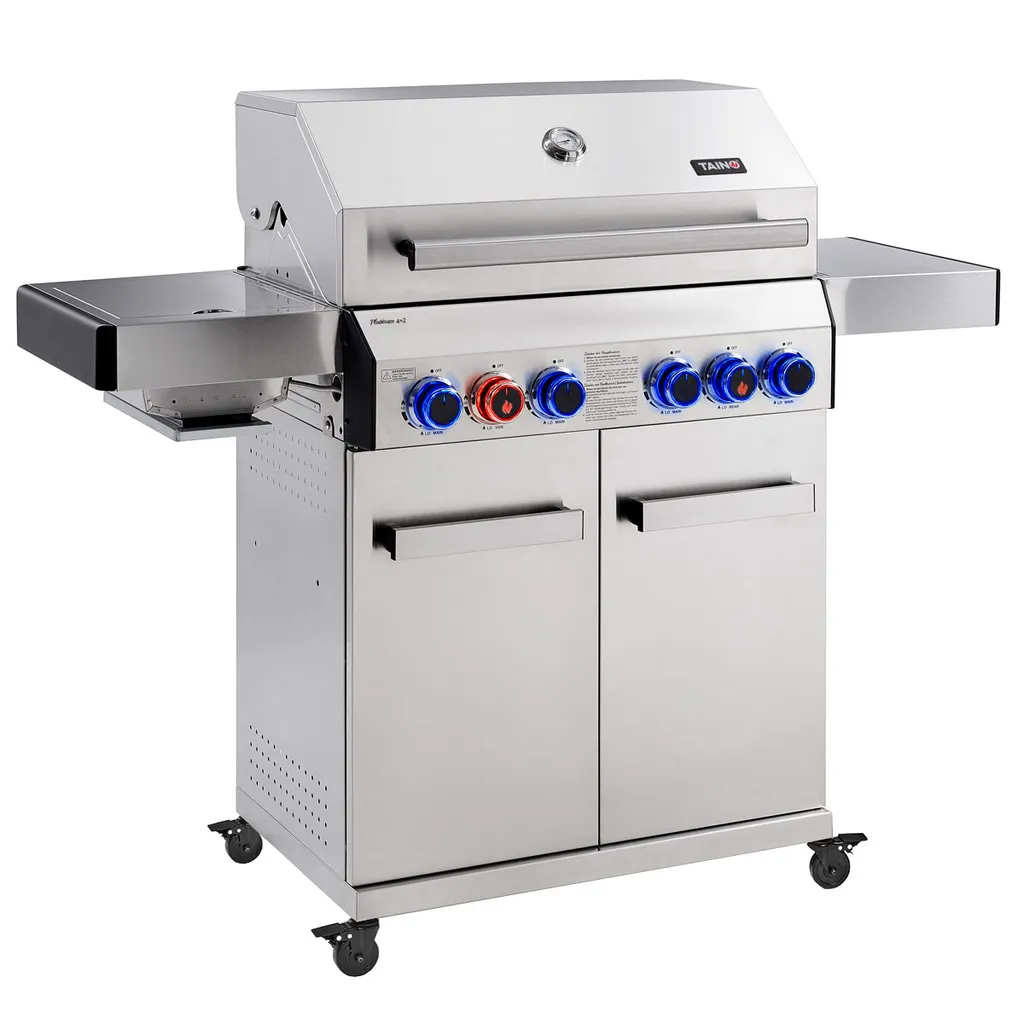TAINO PLATINUM 4+2 Gasgrill Komplett Edelstahl 4-Brenner Silber Grillwagen BBQ Keramik-Brenner Backburner Sear-Zone Piezozündung Seitenkocher Gusseisen-Roste 1 TAINO PLATINUM 4+2 Gasgrill Komplett Edelstahl 4-Brenner Silber Grillwagen BBQ Keramik-Brenner Backburner Sear-Zone Piezozündung Seitenkocher Gusseisen-Roste