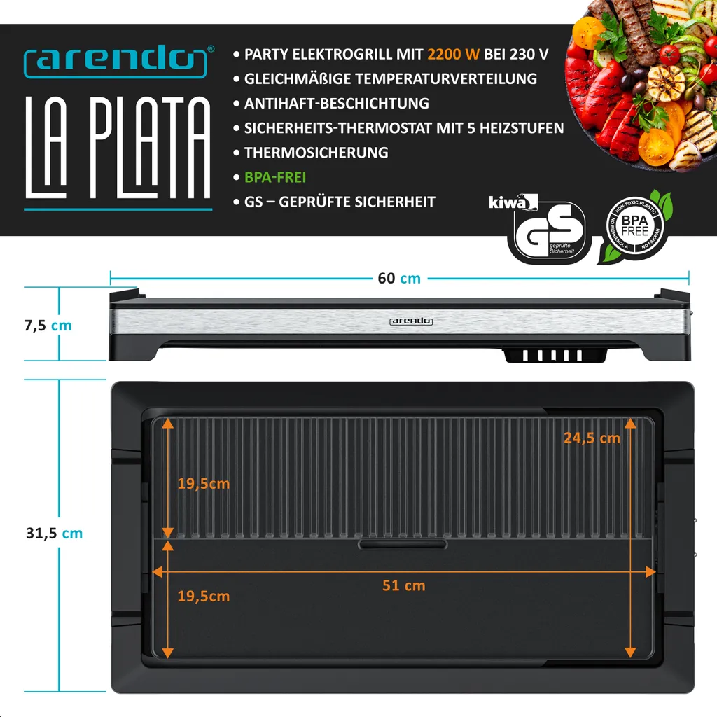 Arendo Tischgrill Elektrisch – XXL Elektrogrill Party Grill - Abnehmbare Platte - Fettauffangschale – Für BBQ, Steaks, Würstchen, Fisch, Gemüse Etc. – Indoor Und Outdoor - BPA-frei 2 Arendo Tischgrill Elektrisch – XXL Elektrogrill Party Grill - Abnehmbare Platte - Fettauffangschale – Für BBQ, Steaks, Würstchen, Fisch, Gemüse Etc. – Indoor Und Outdoor - BPA-frei – Bild 2