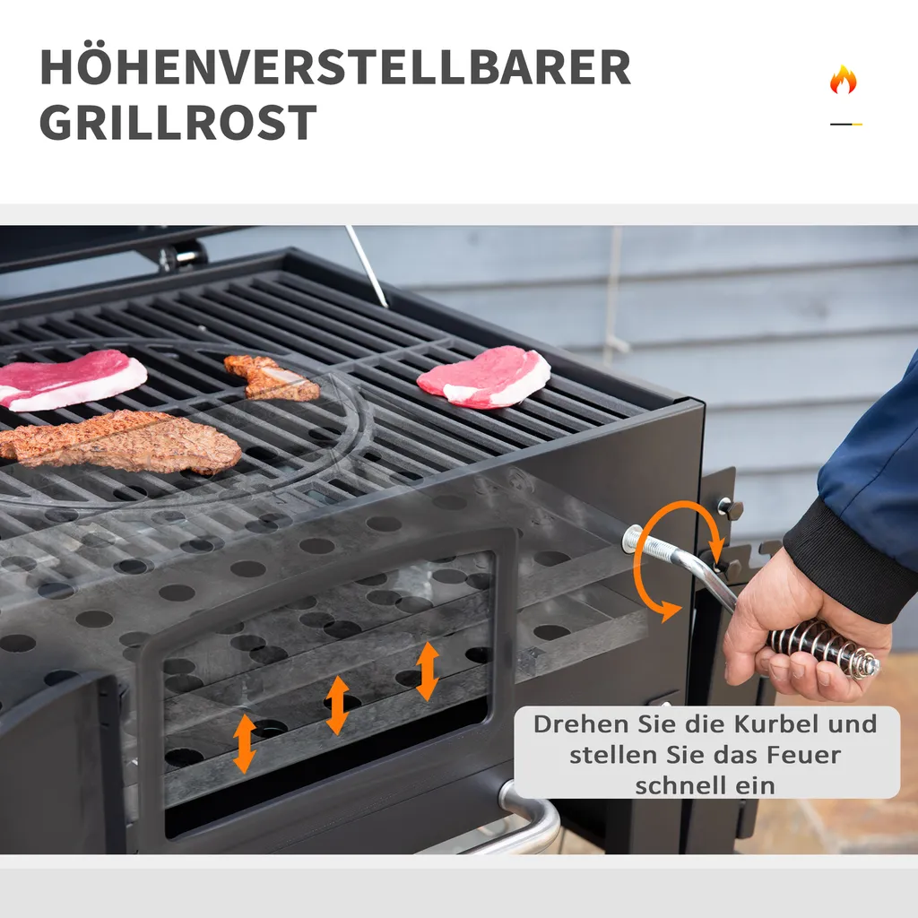 HOMCOM Outsunny Holzkohlegrill BBQ Gartengrill Mit Deckel Und Ablagen Metall Smoker BBQ Warmhalteplatte Regale Gartenparty Transportrollen Schwarz 124 X 66 X 112 Cm 6 HOMCOM Outsunny Holzkohlegrill BBQ Gartengrill Mit Deckel Und Ablagen Metall Smoker BBQ Warmhalteplatte Regale Gartenparty Transportrollen Schwarz 124 X 66 X 112 Cm – Bild 6