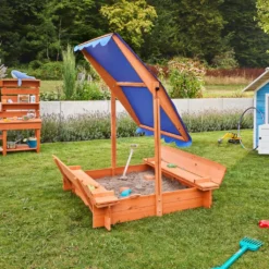 HOME DELUXE - Sandkasten BUDDELKISTE - 110 X 110 X 110 Cm - , Mit Höhenverstellbarem Sonnendach, Mit Umklappbaren Bänken I Sandbox -Grünwelt Exporteren Garten-Winkel 496e28e5c143b503763199ae7c7e897e