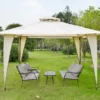 Outsunny Pavillon Partyzelt Mit Doppeldach 3,45x3,45x2,68m Festzelt Gartenlaube Stahl Polyester Beige
