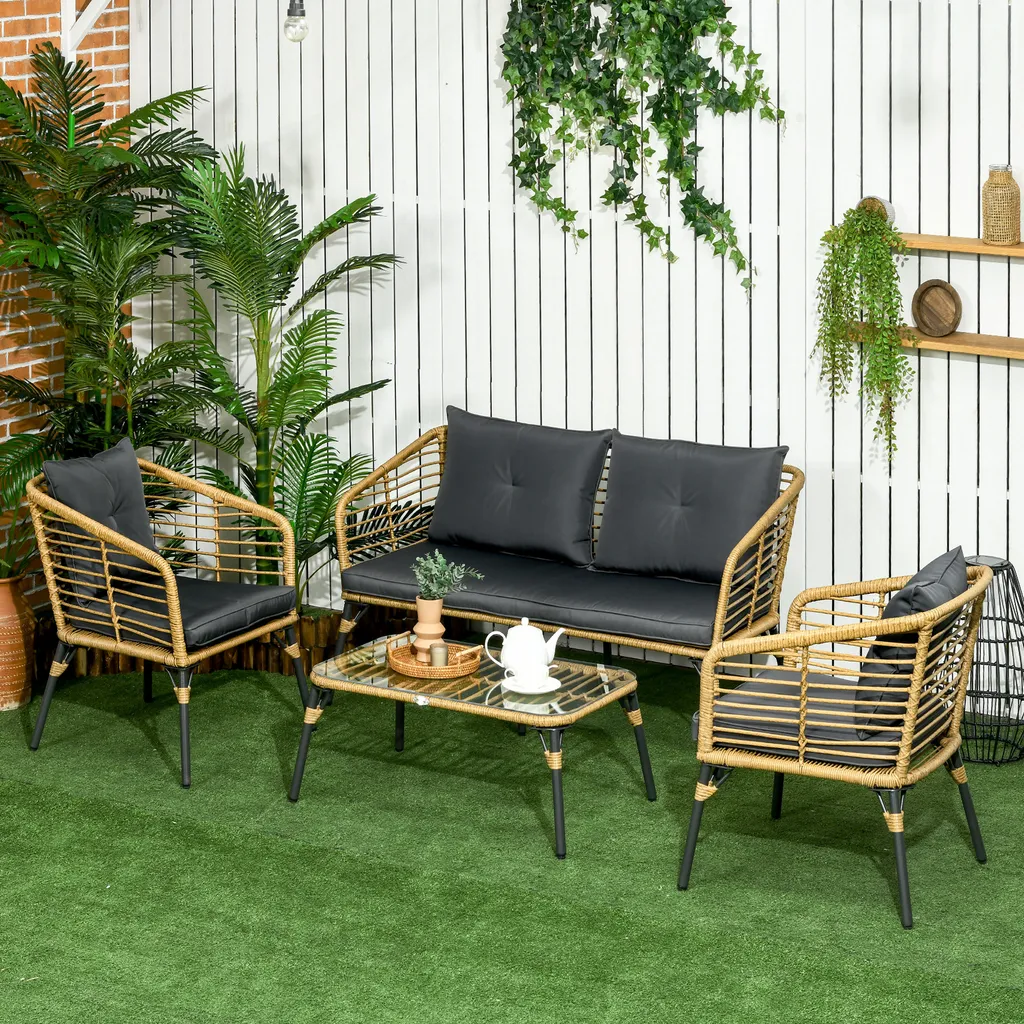 Outsunny 4 Tlg. Gartenmöbel-Set, Rattan Sitzgarnitur Mit Kissen, Sitzgruppe Mit 3 Sesseln, 1 Couchtisch, Balkonmöbel Im Boho-Stil Für 4 Personen, Sand+Dunkelgrau 2 Outsunny 4 Tlg. Gartenmöbel-Set, Rattan Sitzgarnitur Mit Kissen, Sitzgruppe Mit 3 Sesseln, 1 Couchtisch, Balkonmöbel Im Boho-Stil Für 4 Personen, Sand+Dunkelgrau – Bild 2