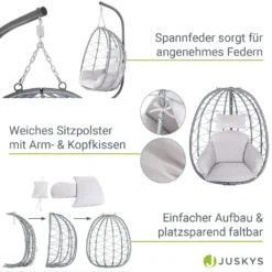 Juskys Hängesessel Aria Mit Kissen - Höhenverstellbar & Faltbar - Polyrattan Hängeschaukel Outdoor & Indoor - Korbhängesessel Silber Bis 130kg -Grünwelt Exporteren Garten-Winkel 4e69b3e1cdfe87f1627c4b3c14563d0c