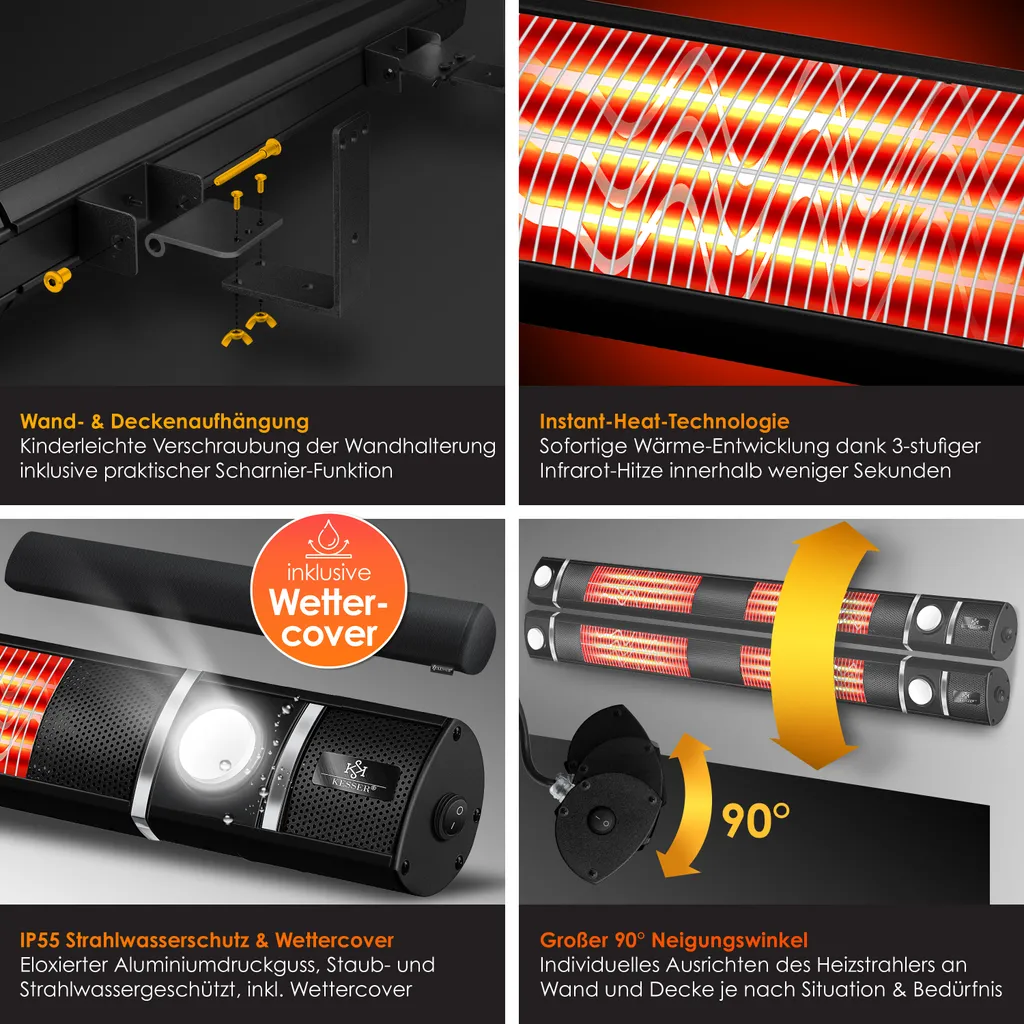 KESSER® Infrarot Heizstrahler 3000W IR-Gastro-Bar Inkl. LED Licht Terrassenstrahler Mit WiFi & Fernbedienung Inkl. Schutzhülle Infrarotstrahler Quarzstrahler Terrassenheizer Wand-Heizstrahler, Farbe:Schwarz 4 KESSER® Infrarot Heizstrahler 3000W IR-Gastro-Bar Inkl. LED Licht Terrassenstrahler Mit WiFi & Fernbedienung Inkl. Schutzhülle Infrarotstrahler Quarzstrahler Terrassenheizer Wand-Heizstrahler, Farbe:Schwarz – Bild 4