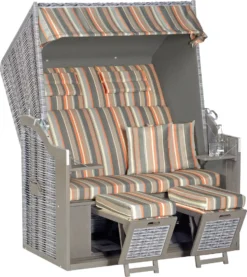 Rustikal 34 ZXL Strandkorb 2-Sitzer XL Halblieger Ostseeform Zum Selbstaufbau, Geflecht Onix, Strukturpolyester Grau-hellgrau-terracotta Gestreift, Pinienholz Grau Lasiert, Ca. 140x80x160 Cm